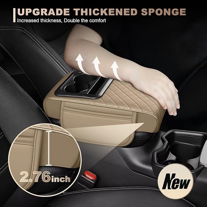 Center Console Cover Fit for Land Cruiser Faux Leather Car Armrest Cushion with Storage Bags, Cup Holder ＆ Phone Storage Multifunctional Middle Console Cover(Beige)
