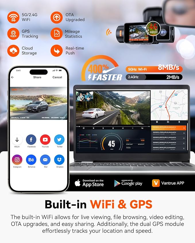 Vantrue N2X 2.7K Dash Cam Front and Inside, 5G WiFi Dual Dash Camera for Car with HDR IR Night Vision, STARVIS 2, GPS, 2.5K/60FPS, G-Sensor, 24/7 Parking Mode, Voice Control (Renewed)