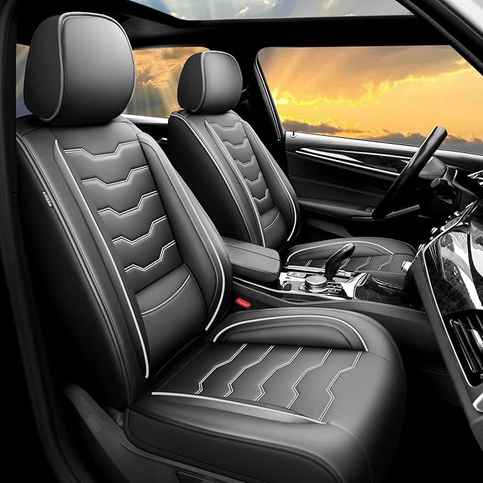 Fit Kona Car Seat Covers for Select Hyundai Kona 2018-2025 2026. Premium Leather, Waterproof， Breathable, Scratch-Resistant & All-Weather Seat Cushion Protector (Full Set, White Line Black)