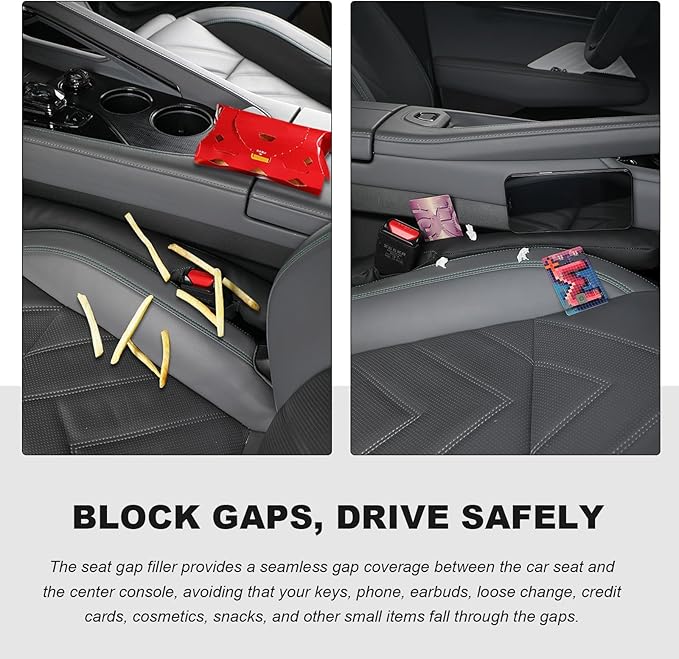 2PCS Leather Car Seat Gap Filler, No-Drop Seat Side Gap Plug Crevice Blocker with Securing Strap, Elastic Filler Block The Gap Between Seats & Console for Truck SUV Sedan (Light Gray)