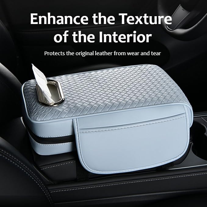 Car Armrest Cushion Cover Car Center Console Memory Foam Booster Pad with Storage Pocket and Tissue Hole for Sedan Vehicle (Grey, 12.99 * 7.09 * 2.95'' / 33 * 18 * 7.5 cm)