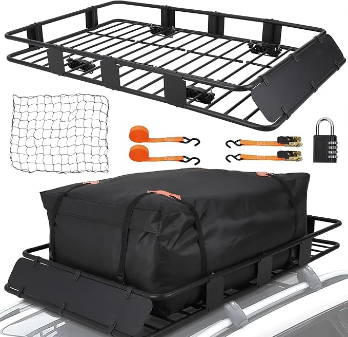 64"x39" Universal Roof Rack Basket with Cargo Bag, Adjustable Steel Roof Cargo Basket up to 200 lbs Capacity, Car Top Carrier for SUV, Truck, and Vehicle Rooftop Storage