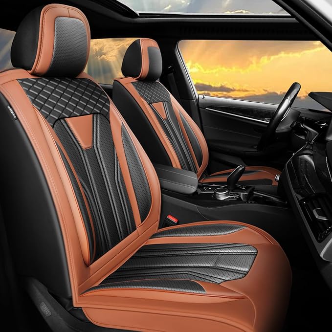 Fit Leaf Car Seat Covers Compatible with Nissan Leaf 2012-2025 2026 - Full Set Premium Leather， Waterproof Breathable， All-Weather Seat Cushion Protecto&Airbag Compatible（Brown & Black