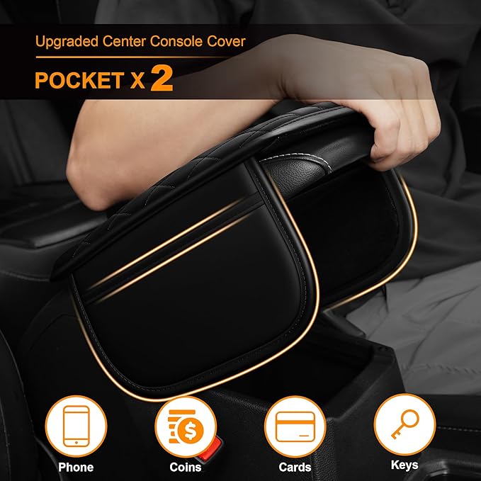 Center Console Cover for Cars Fit for Jeep Wrangler Leather Armrest Covers with 2 Storage Bags(Black)