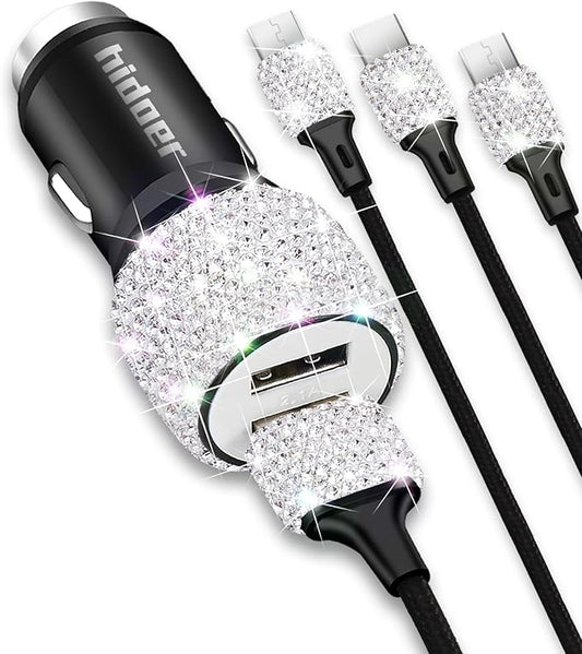 Bling USB Car Charger 5V 2.4A White Crystal Decor Dual Port Fast Adapter with 4ft Nylon Type C Micro USB 3 in 1 Multi Charging Cable for iPhone iPad Android, Auto Interior Accessories for Women