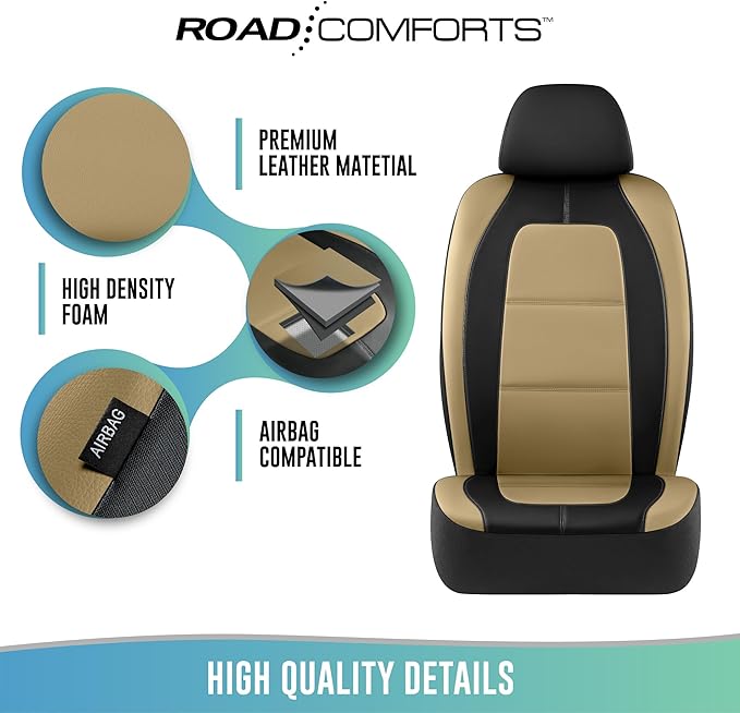 Road Comforts Car Seat Cover, Leather Car Seat Covers, Front Low Back Sport Seat Covers, Airbag Compatible, Universal Fits for Most Cars (Beige)
