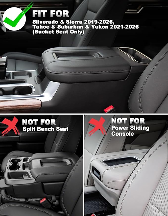 Center Console Cover for Chevy Silverado 1500 Accessories & GMC Sierra 2019-2026, Yukon & Tahoe & Suburban 2021-2026, Bucket Seat, PU Leather Armrest Middle Console Cover, Black-Red Stitch