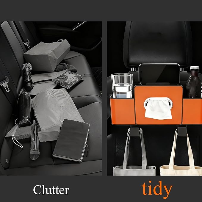 3-in-1 Car Backseat Organizer with Dual Cup Holders, Seat Back Storage Box, Built-in Tissue Holder, Adjustable Universal Design for Neat and Practical Car Interior Storage (Orange)