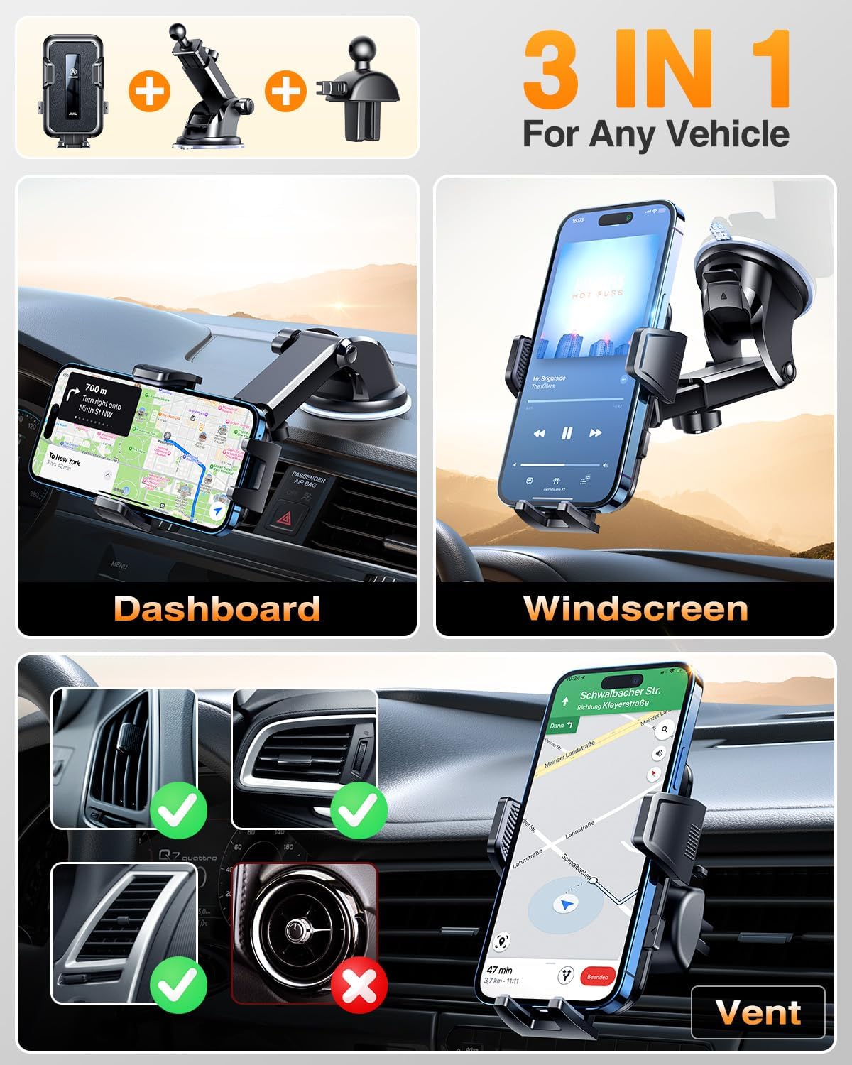 VANMASS 2025 Upgraded Car Phone Holder, [85+LBS Strongest Suction] Patent Safety Cell Phone Mount Windshield Dashboard Vent Truck Accessories Stand Cradle for iPhone 16 Pro Max 15 14 13 Android