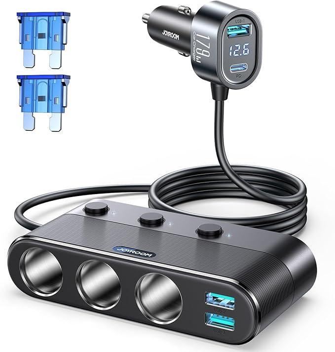 [2026 Upgraded] 7 in 1 Cigarette Lighter Adapter, JOYROOM 179W Car Charger Adapter with PD30W Charge(3.3FT Cable), 24V/ 12V Cigarette Lighter Splitter with Independent Switches & LED Voltage Display