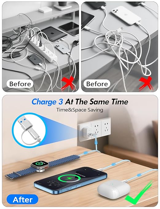 2 Pack Multi Charging Cable Cord for Travel Essentials,Apple Watch Charger,iPhone Charger,[3-in-2] Type C/L Cable Portable Designed for iWatch,iPhone 17-8,Galaxy S25-21,AirPods,iPad-4FT Blue