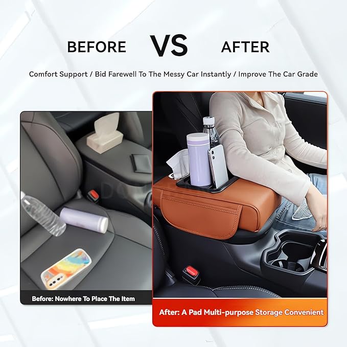 Multifunctional PU Leather Car Armrest Box Mat, 5-in-1 Multifunctional Car Armrest Cushion, Center Console Cover with 2 Cup Holder, For Storing Tissues, Phones, Wallets, Drinks, for Most Cars (Gray)
