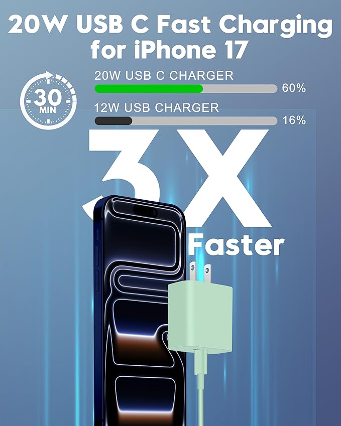 iPhone 17e/17/17 Pro Max Fast Charger, 2-Pack 20W USB C Wall Charger Fast Charging Block with 10FT Long USB-C Cable Cord for iPhone 17e/17/17 Pro Max/16e/16/15 Pro/Plus, iPad Pro 13/12.9/11, AirPods