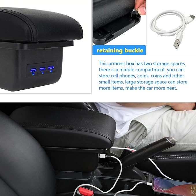AULPHIKE Compatible with Nissan NV200 Armrest Car Center Console Organizer Armrests Double Layer Storage with 3 USB（Black）