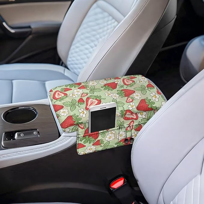 Dreaweet Strawberry Car Accessories for Women Center Console Cover Thick Console Console Armrest Pad Universal Arm Rest Cover for Car SUV Truck Sedan Armrest Storage Box Cover Pad,Green