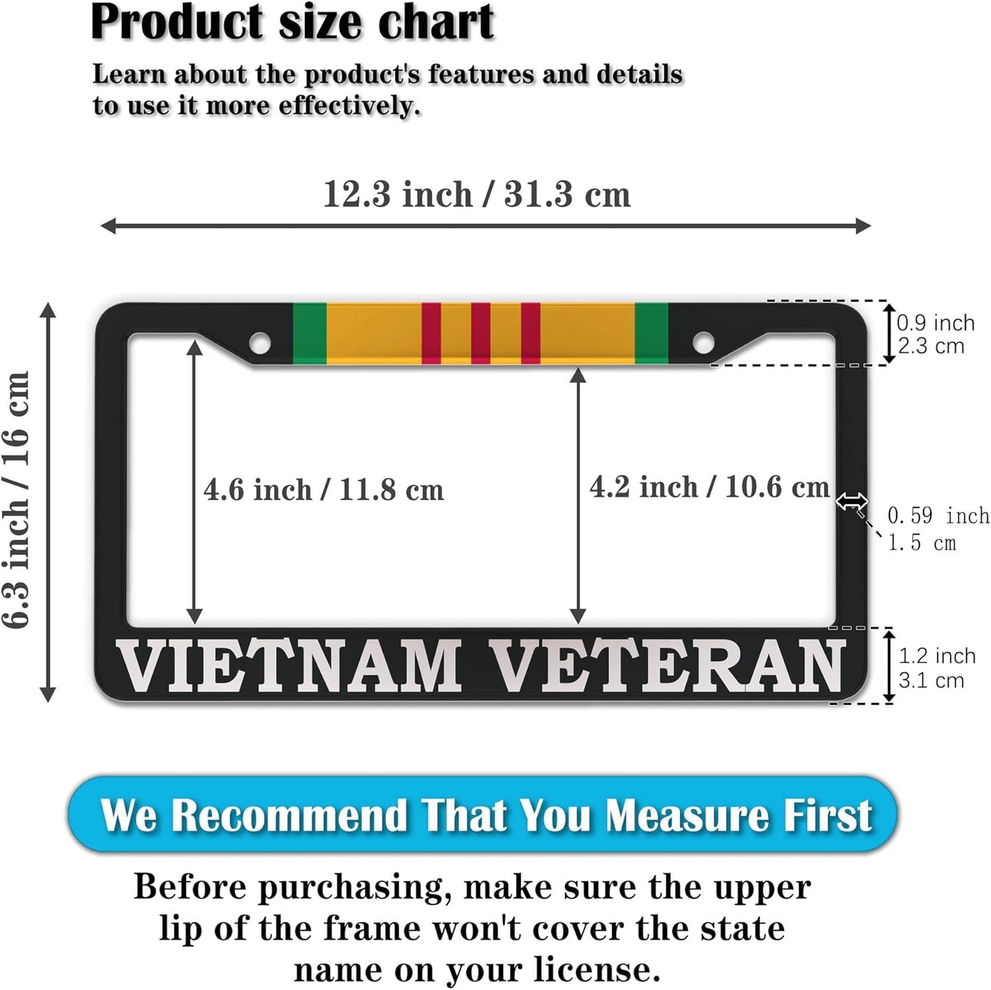 License Plate Cover Black and White License Plate Frames Vietnam Veteran Universal Aluminum Car Accessory 2 Pack with Screw Covers Set