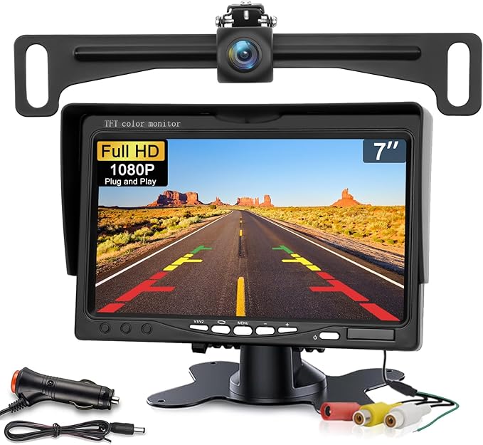 Kairiyard License Plate Backup Camera with 7 Inch Monitor, HD 1080P Reverse Camera Waterproof DIY Grid Lines No-Delay Wired Rear View Camera System for Truck Car SUV