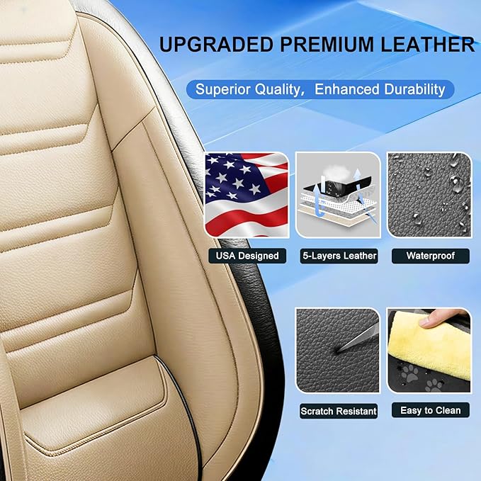 Fit Bolt Car Seat Covers for Select Chevrolet Bolt/Bolt EUV 2017-2025, Premium Full Coverage Leather, Airbag Compatible, Waterproof All Weather Seat Cushion Protector, Front Pair Black+Beige