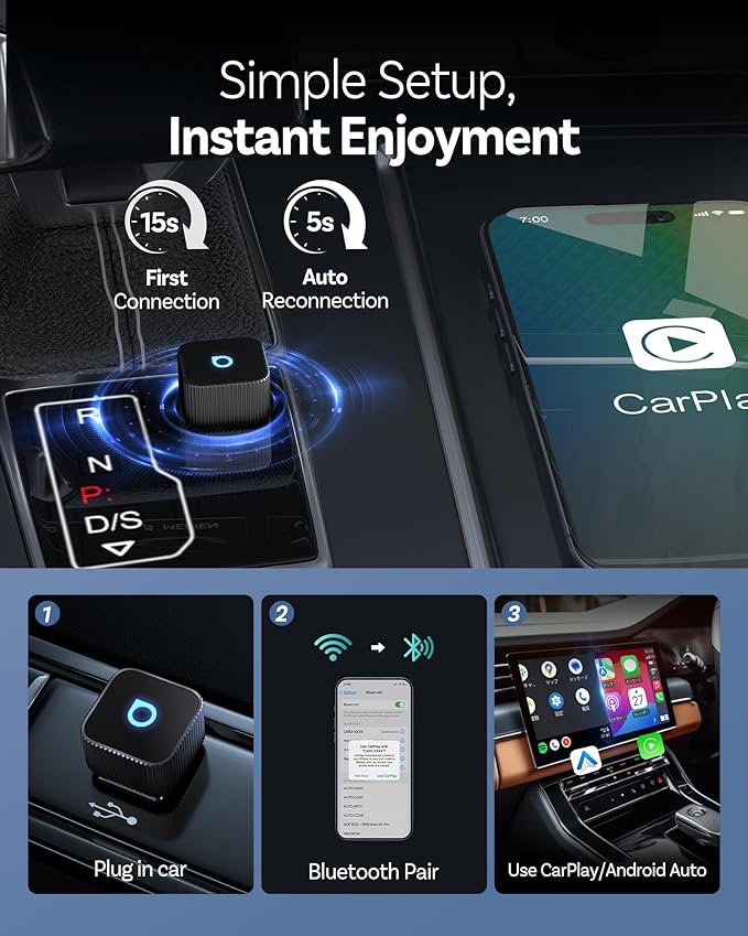Ottocast Mini Cube 3.0 Wireless CarPlay & Android Auto Adapter 2026– Plug & Play, Fast Auto-Reconnect (Black)