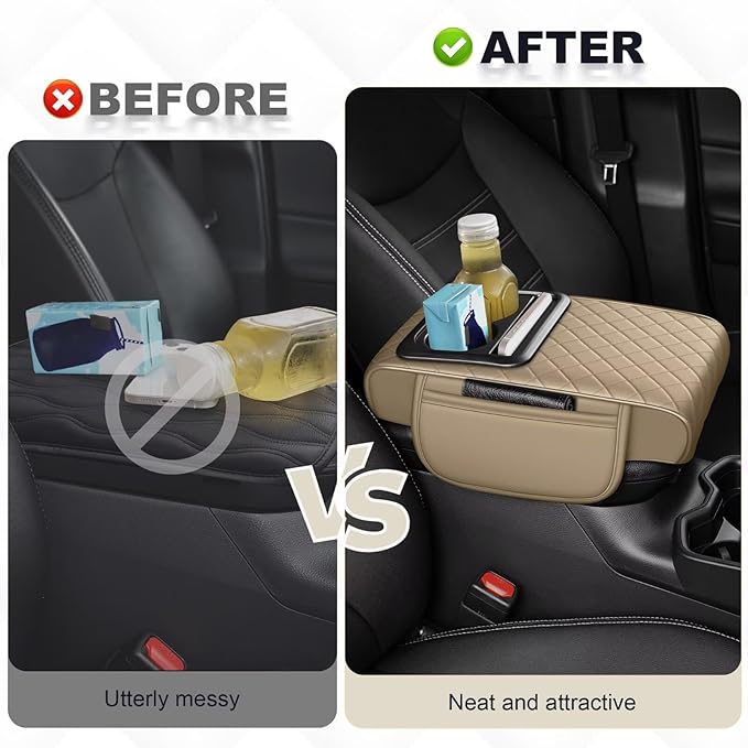 Center Console Cover Fit for Corolla Cross Faux Leather Car Armrest Cushion with Storage Bags, Cup Holder ＆ Phone Storage Multifunctional Middle Console Cover(Beige)