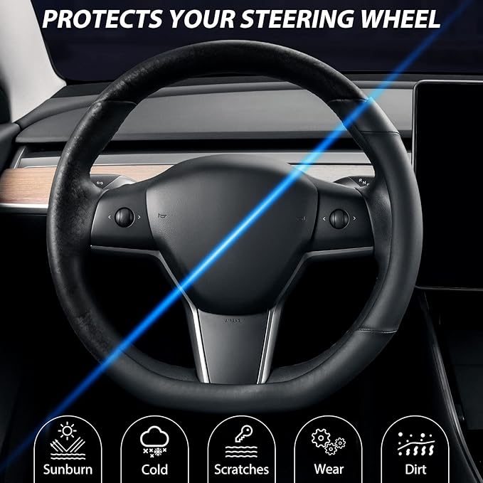 SEG Direct Flat Bottom Steering Wheel Cover, D Shaped Car Wheel Cover 14-14 1/4 in. (35.5-36 cm), for Tesla Model 3 / Y, for Camaro, Black Microfiber Leather