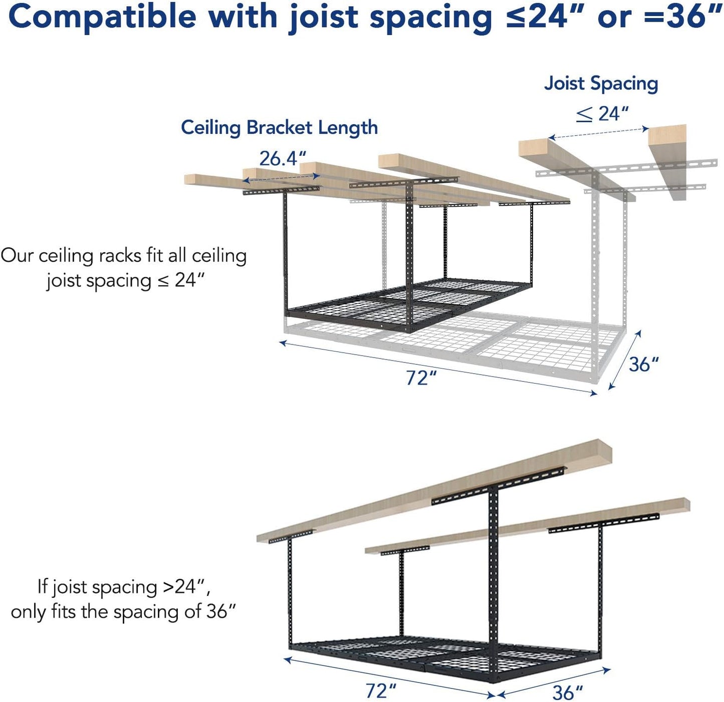 FLEXIMOUNTS 2 Pack 3x6 Overhead Garage Storage Adjustable Ceiling Rack 72" Length x 36" Width x 40" Height, 900lbs Total Weight Capacity, Black