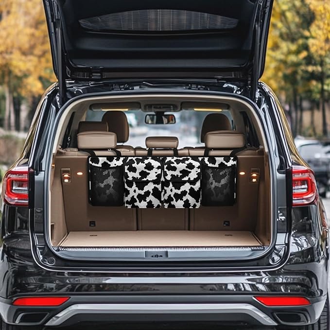 Cow Pattern Trunk Organizer and Storage, Waterproof Backseat Hanging Organizer for SUV, Truck, Collapsible Cargo Storage Bag with 4 Pockets, Car Interior Accessories