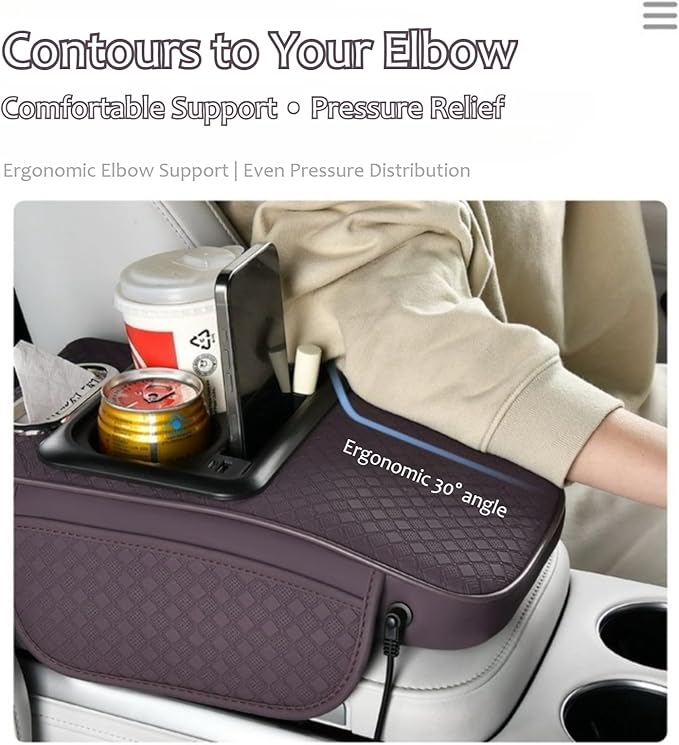 2026 Enhanced Car Center Console Armrest Cushion with USB& Type-C Charging, PU Leather Console Pad with Cup Holders, Storage& Tissue Outlet for Most Vehicles (Sloped Version, Beige)