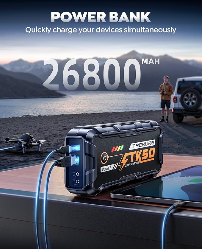 TREKURE Car Battery Jump Starter 8000A 26800mAh, Portable Car Jump Starter for All Gas and 12L Diesel Engines, Power Bank & Battery Jumper, Portable Jump Box Car Battery with Fast Charge, LED Light