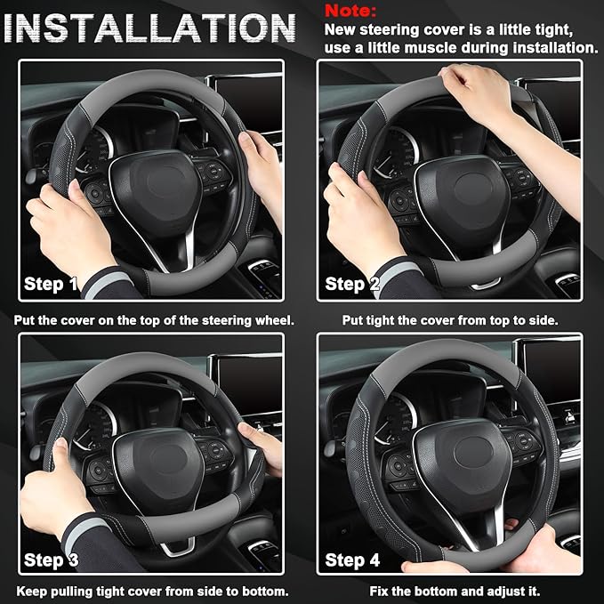 GIANT PANDA Car Steering Wheel Cover for RAM 1500 2500 3500, Compatible with Dodge RAM 15.5-16 inches - Black+Gray