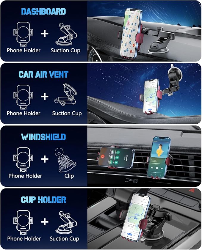 BothLin Wireless Car Charger, Fast Charging Phone Holder 3 in 1 Phone Mount Auto Clamping Car Accessories Compatible with iPhone 17 16 15 14 13 12 11 Xs XR, Samsung S23 Ultra S22 S21 S20(Deep Red)