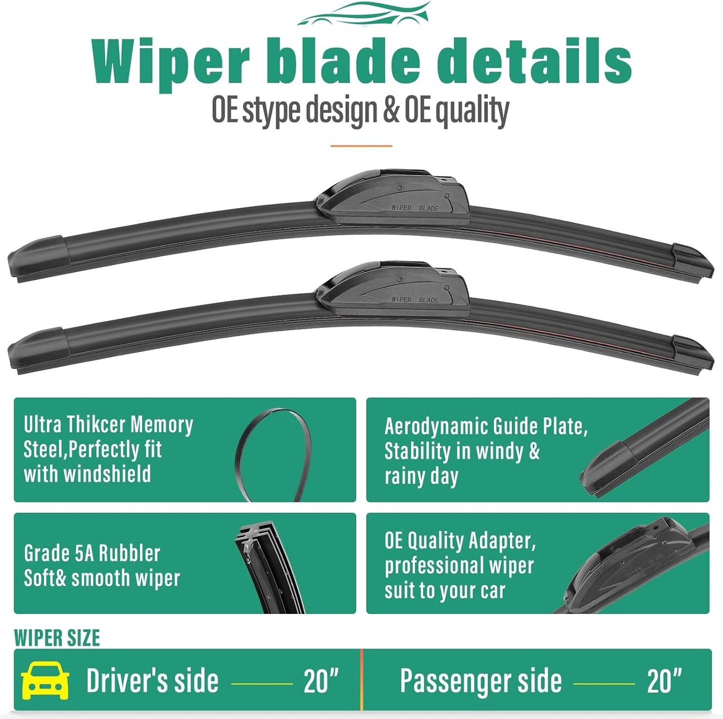 20" 20" 12" Windshield Wiper Blades Replacement for Honda Element 2003-2011 / Nissan Cube 2009-2014 Premium All Weather Front Rear Wipers Set - OEM Quality (Pack of 3)
