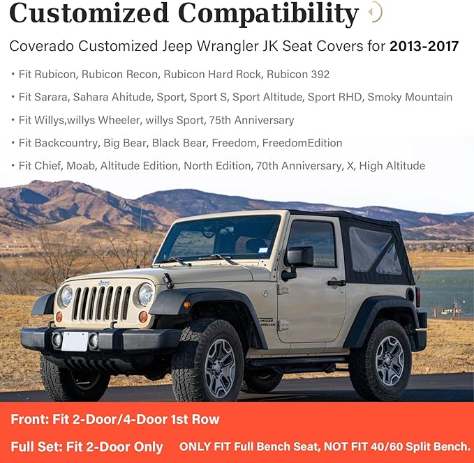 Coverado Seat Covers Full set for Jeep Wrangler, Waterproof Car Seat Covers for Truck Automotive Seat Covers Custom Fit for 2013-2017 Jeep Wrangler JK 2-Door, Full Coverage Wrangler Seat Covers(Black)