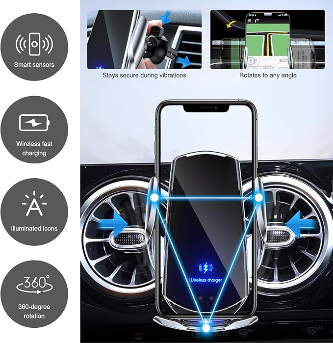 Wireless Car Charger, 15W Fast Charging Mount Electric Induction Car Phone Holder, Universal Auto-Clamping Magnetic Charger Air Vent Mount Bracket for Most Smartphones (Blue)