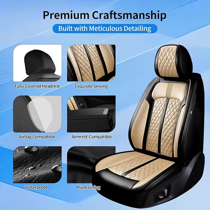 Fit Colorado Car Seat Covers for Select Chevy/Chevrolet Colorado 2015-2026, Premium Full Coverage Leather, Waterproof All Weather Breathable Seat Cushion Protector, Full Set, Black+Beige