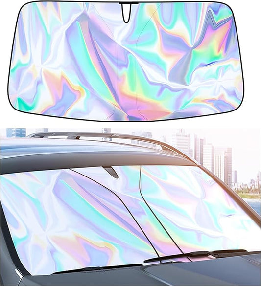 Sunshade Car Front Windshield Laser Titanium Silver Sun Shade Iridescent Cars Sunshade Foldable Sun Shield Cover Block UV Rays, Car Light Blocking Curtain Suitable for Most Cars Medium 55.9 x 29 in