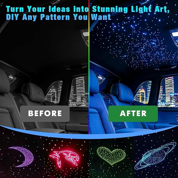 16W APP Fiber Optic Starlight Headliner Lights Kit, 300pcs*0.03in(6.5ft/2m) Optical Fiber Star Music Activated RGBW Ceiling Light Kit for Car Headliner Star/Home