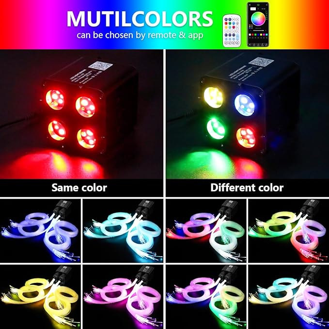 AMKI Updated 4Color Twinkle 36w Starlight Headliner Kits 600pcs 0.03in 9.8ft Fiber Optic Light Cable 4 Ports Starlight Box App/Remote Control Sound Mode for Car Home Ceiling Decoration