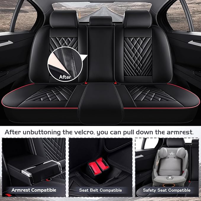 Truck Seat Covers for Ram 3500 2009-2026, Waterproof Premium Leather Full Coverage Car Seat Cover, Muscle Sport Style Auto Interior Seat Cover Sets (Full Set/Black Red)