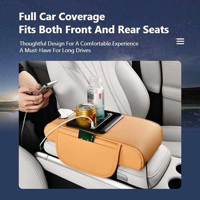 Car Armrest Pad Cover with Red Starry Sky LED Projection, Dual Type-C Charging Ports, Leather Car Center Console Cushion with Cup Holder, Tissue Holder (Red Starry Sky LED Projection, Coffee)