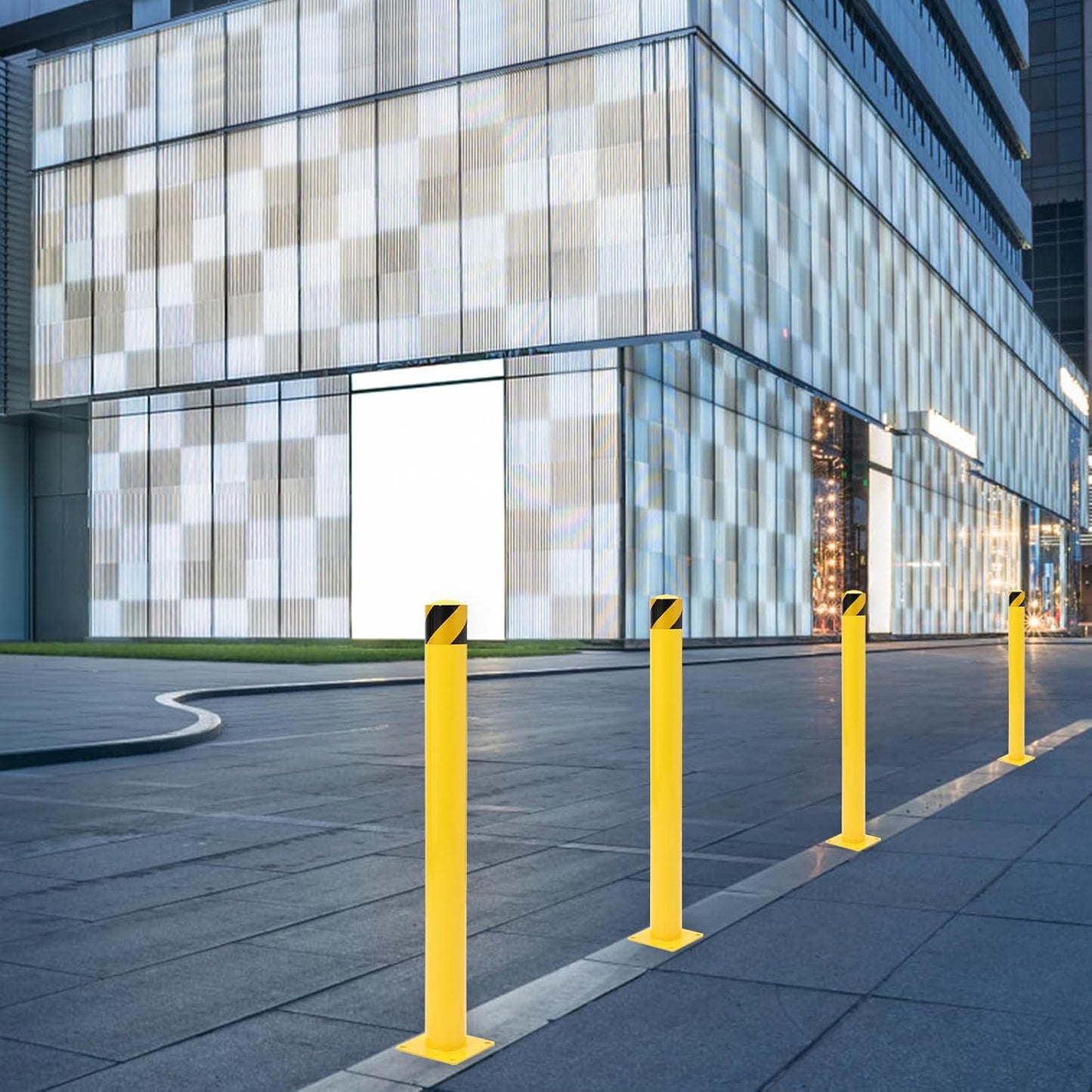 Safety Bollard 4 Packs, 42 Inch Height Steel Bollard Post for Parking Lot, 4.5 Inch Diameter Pipe, Yellow Safety Bollard Post with 16 Anchor Bolts, Ideal for Traffic-Sensitive Areas, Driveway Barrier