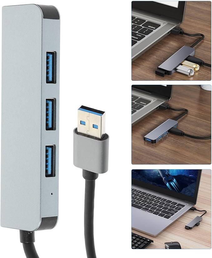 Port USB Hub Extension with Aluminum Case Portable USB Splitter Expander for Laptop High-Speed Data Transfer Plug and Play