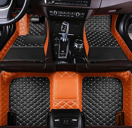 Customize Car Floor Mats for 99% Sedan SUV Sports Car All Weather Leather Full Coverage Waterproof Non-Slip Vehicle Lining Pads (Black Orange Stitching)