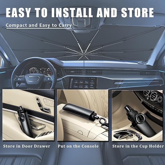 JDDRY Car Front Windshield Sun Shade with Pull Cord, Umbrella Sun Shade for Large SUV (145x80cm/57x31.5)