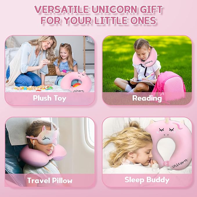 Kids Neck Pillow, Unicorn Kids Travel Neck Pillow for Traveling with Eye Mask, Toddler Travel Essentials for Road Trip Airplane Car Seat, Cute Headrest Memory Foam Pillows for Girl Gift (Pink)