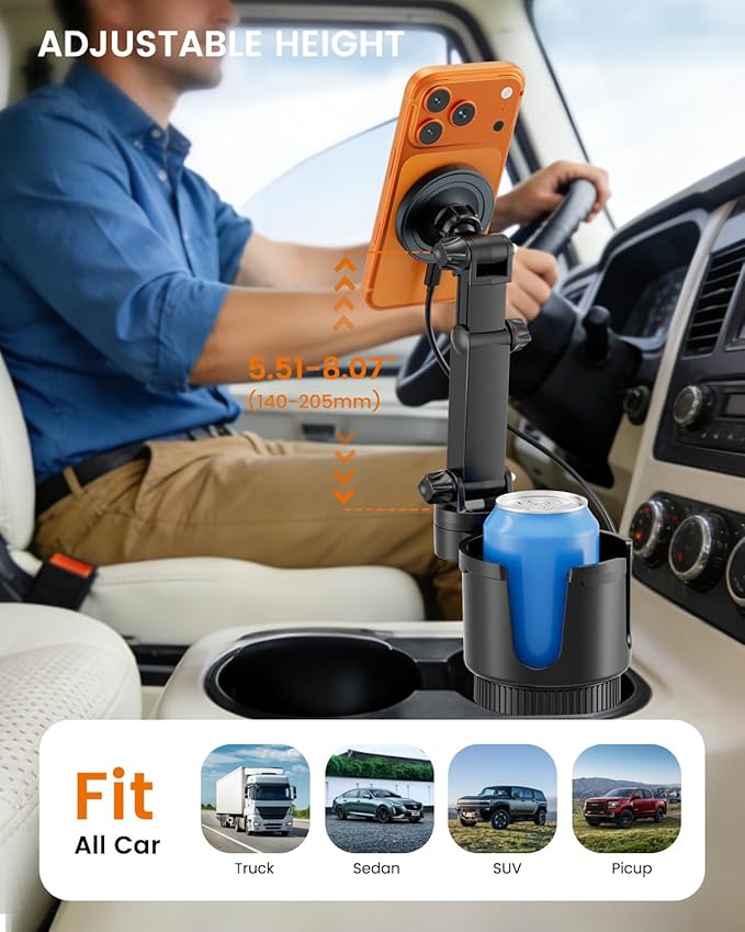 OHLPRO for iPhone 17 Pro Max MagSafe Car Charger Cup Holder Mount, 15W Fast Wireless Magnetic Charging Phone Holder for iPhone 16 15 14 13 Series, Adjustable Car Mount with Large Cup Base, Black Gray