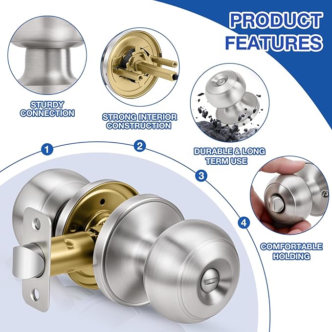 Plustool 8 Pack Brushed Nickel Door Knobs,Privacy Door Knob with Lock, Interior Doorknobs Silver, Keyless Door Locks Set for Bedrooms Bathrooms, Reversible for Left/Right Door Handle