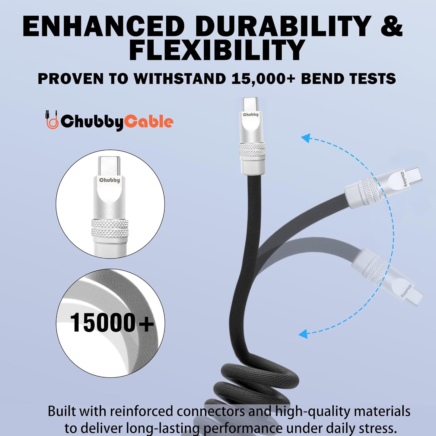 chubbycable Curly Chubby - Retractable Fast Charging Cable 240W Coiled Charger Cord for Car Durable USB-C Cable for Phones, Tablets and More, Red, USB-A to Type-C, 1.3FT-2.3FT