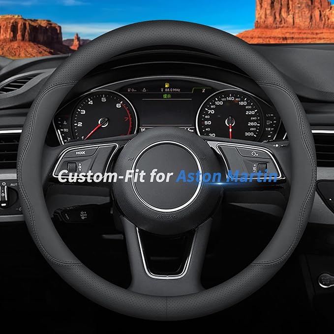 Custom-Fit Premium Leather Steering Wheel Cover with Logo, Non-Slip, Breathable, for Aston Martin (B-Style)