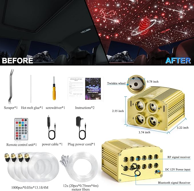 Car Starlight Headliner Kit, 4 Colors 32W Twinkle & Meteor Fiber Optic Shooting Stars Lights, 2 in 1 Light Engine 1000pcs*0.03in*13.1ft+240 RGBW 4 Port Ceiling Starlights for Car Home Roof Décor